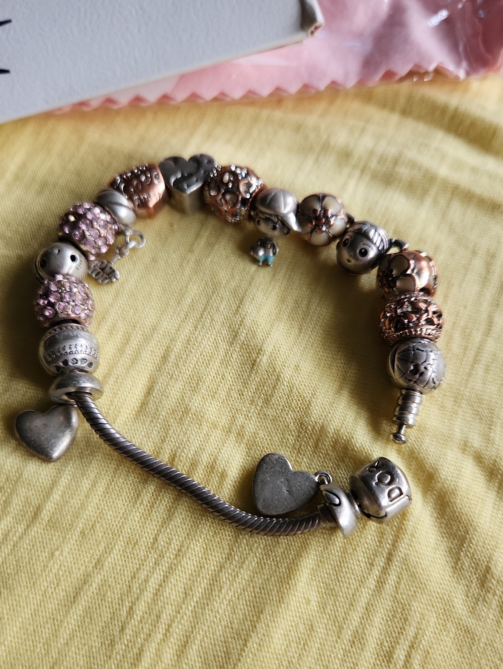 Sterling Silver & Rose Gold 16 Charm Bracelet Pandora with Pink Accents